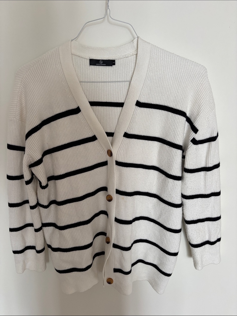 Striped V-Neck Button Cardigan - White and Black
